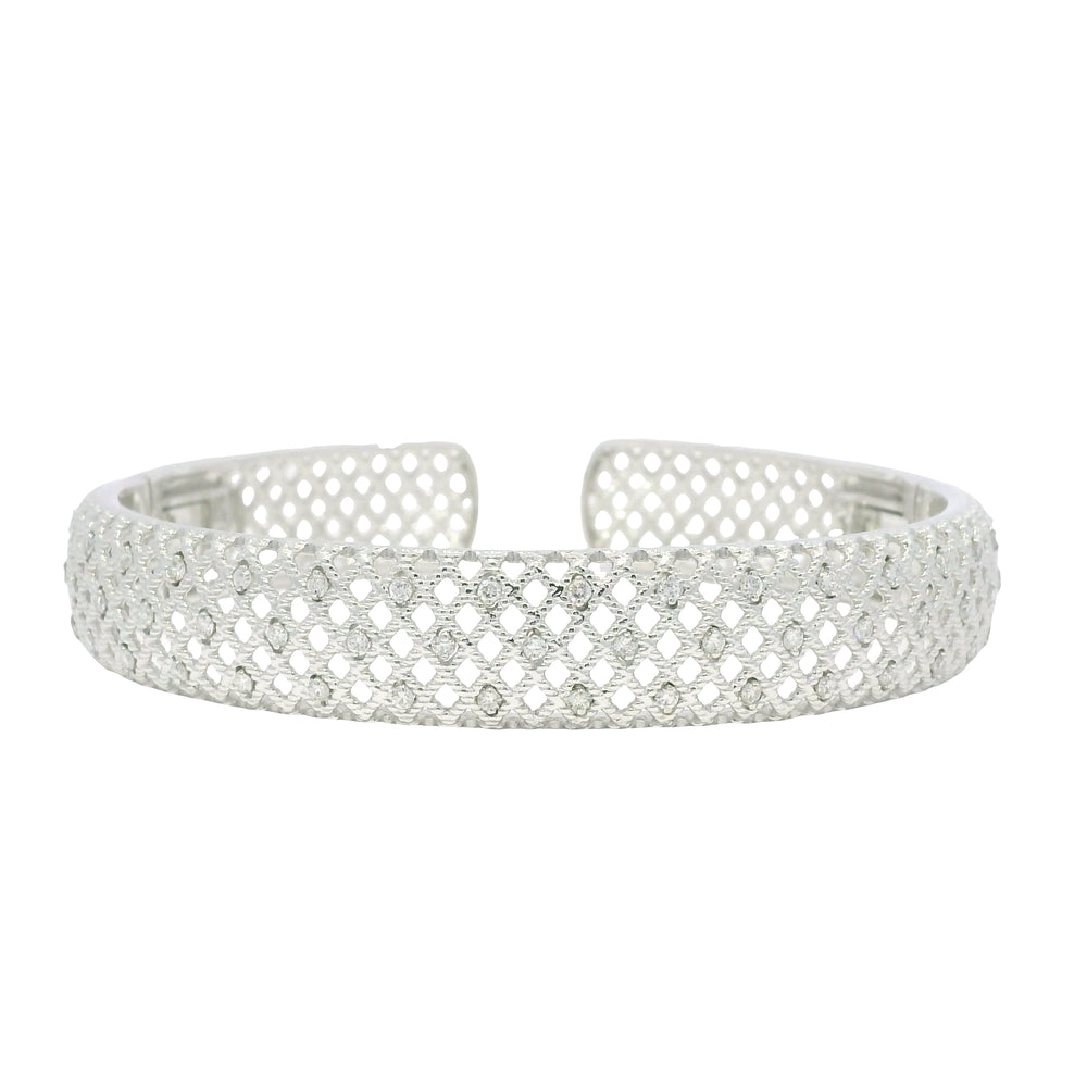 18K White Gold Natural Round Brilliant Diamond Open Bangle Cuff Bracelet — product photo 1
