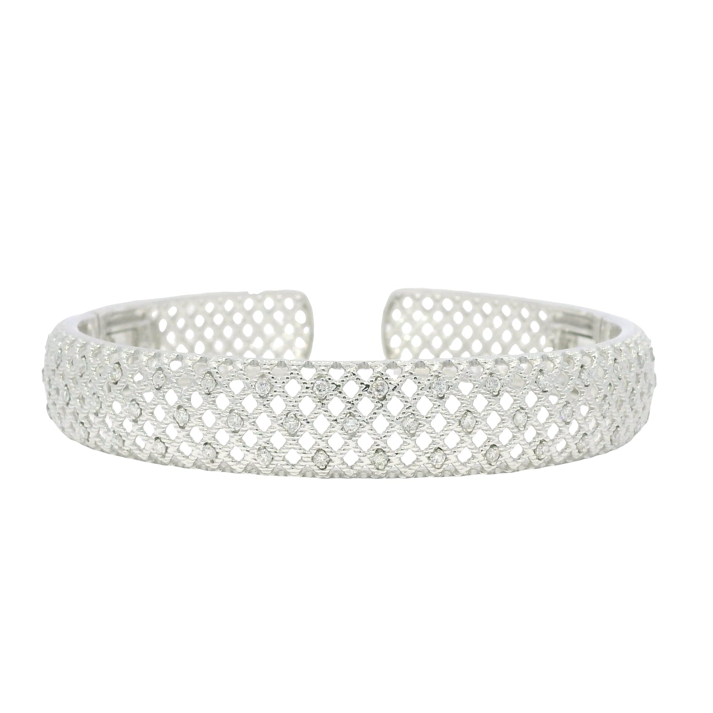 18K White Gold Natural Round Brilliant Diamond Open Bangle Cuff Bracelet