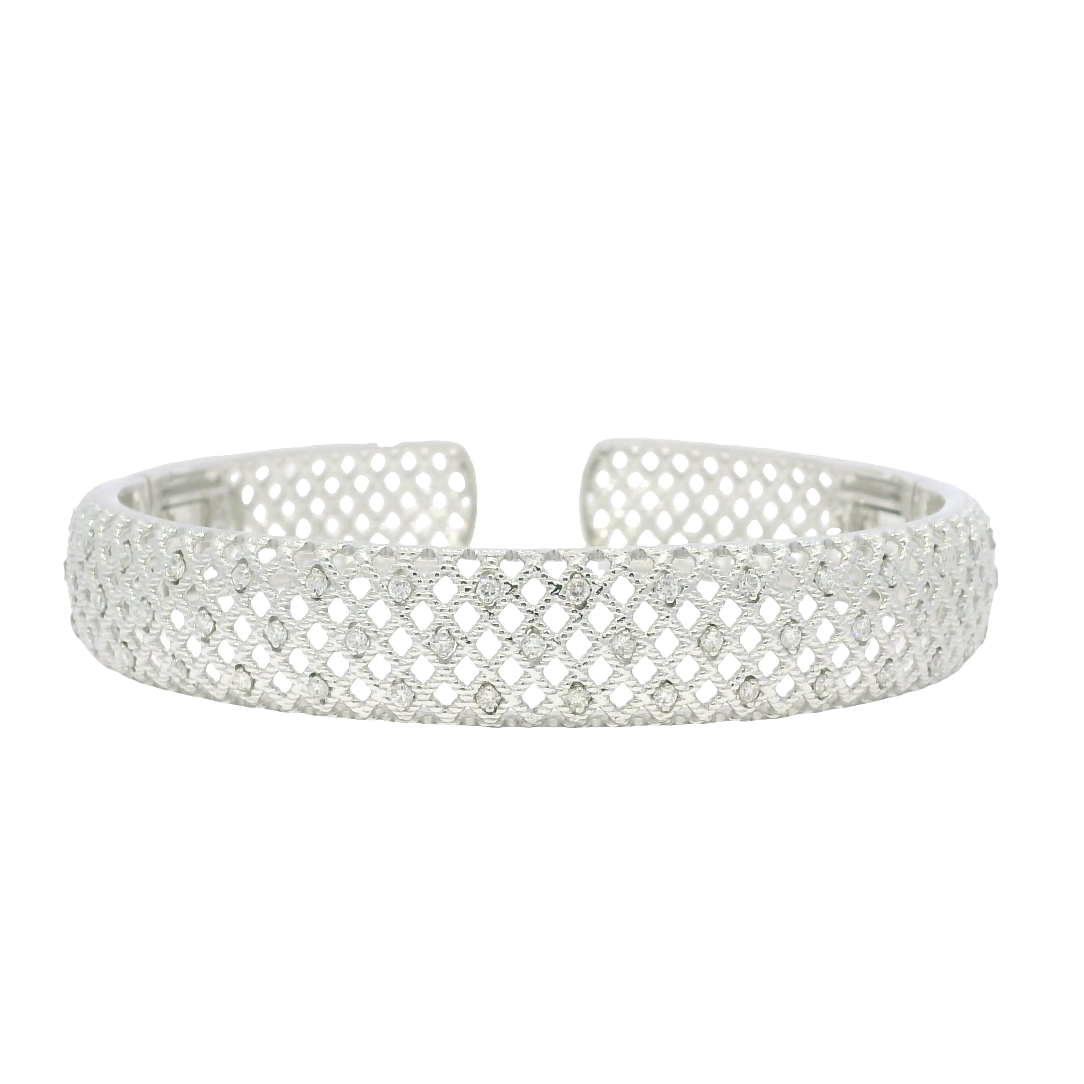 18K White Gold Natural Round Brilliant Diamond Open Bangle Cuff Bracelet