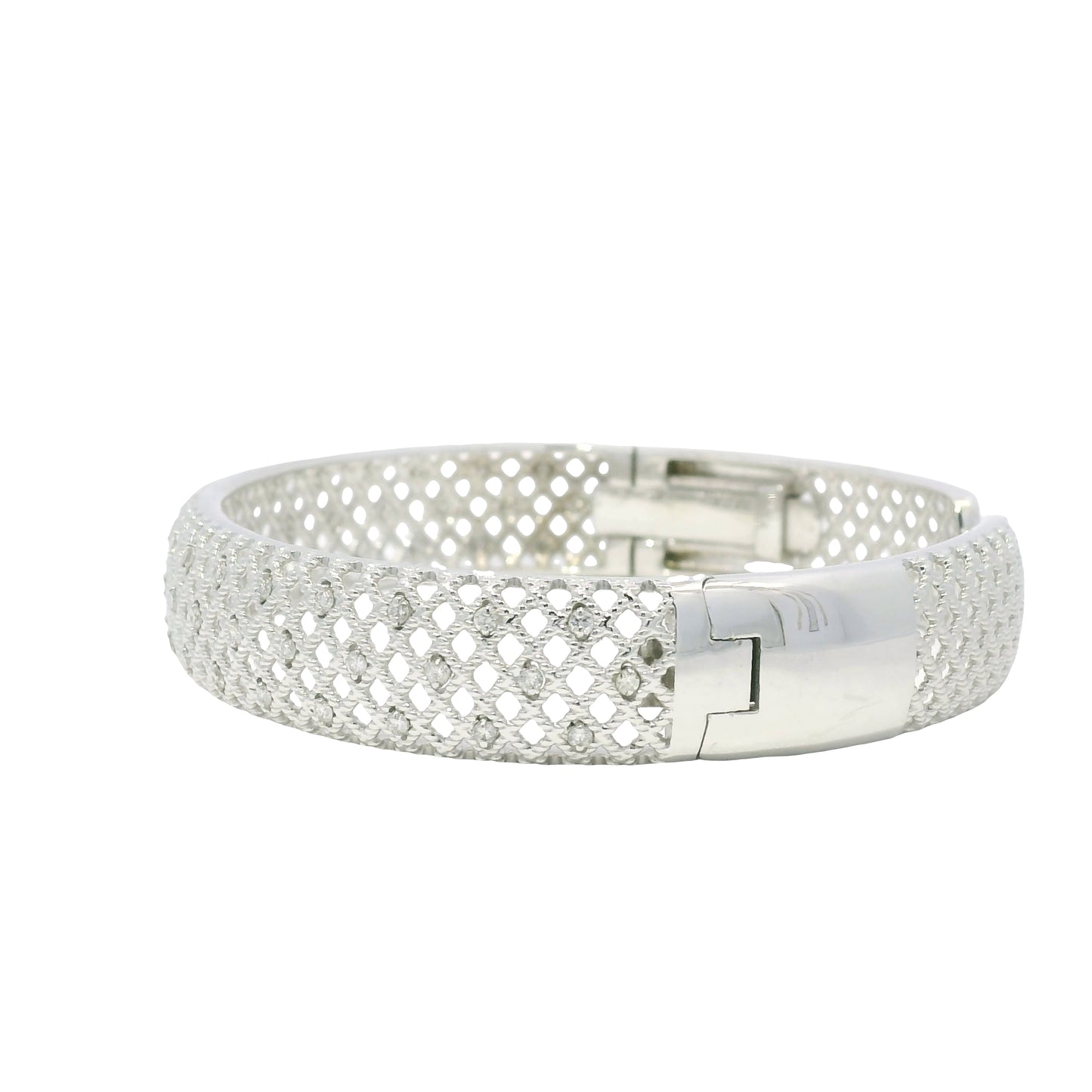 18K White Gold Natural Round Brilliant Diamond Open Bangle Cuff Bracelet