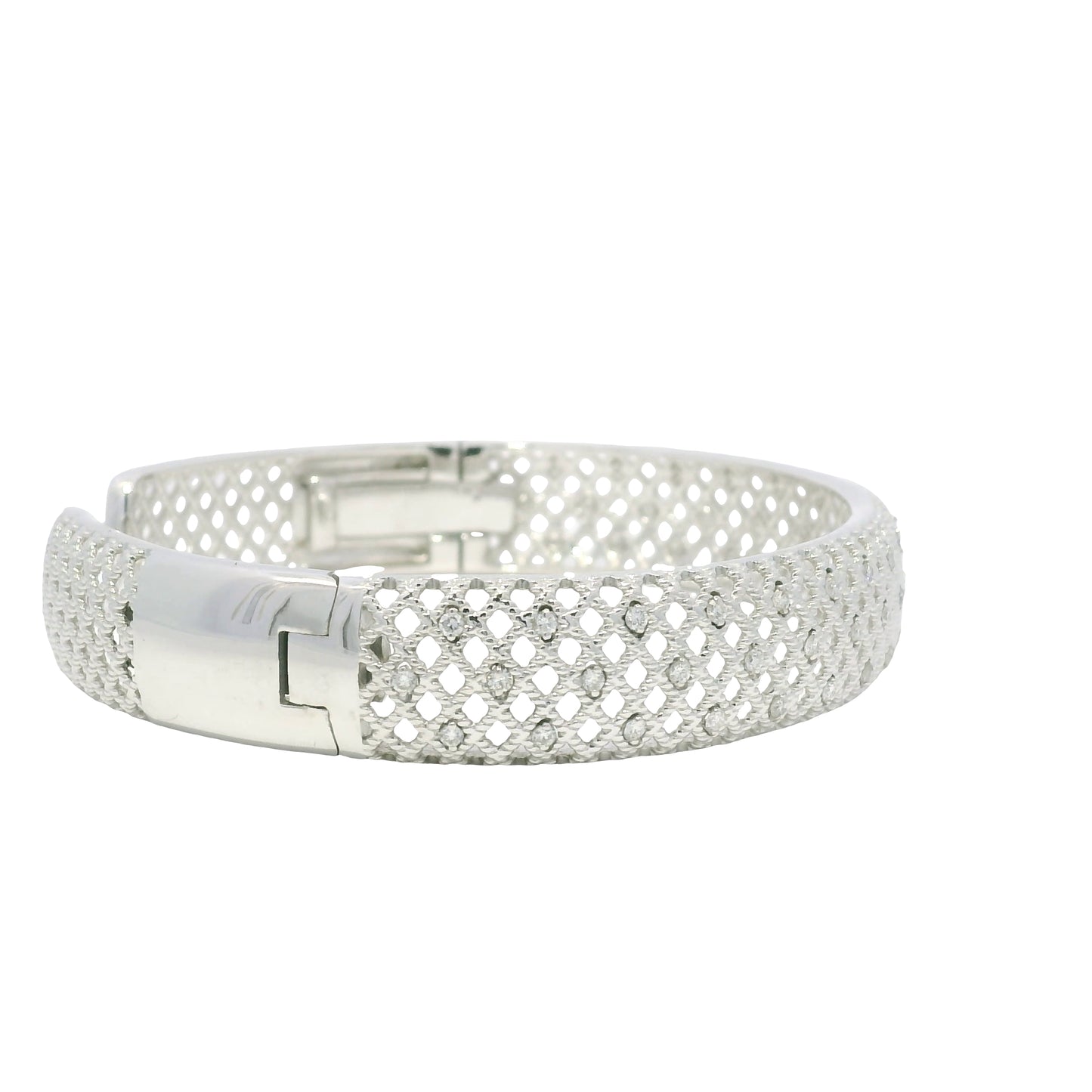 18K White Gold Natural Round Brilliant Diamond Open Bangle Cuff Bracelet