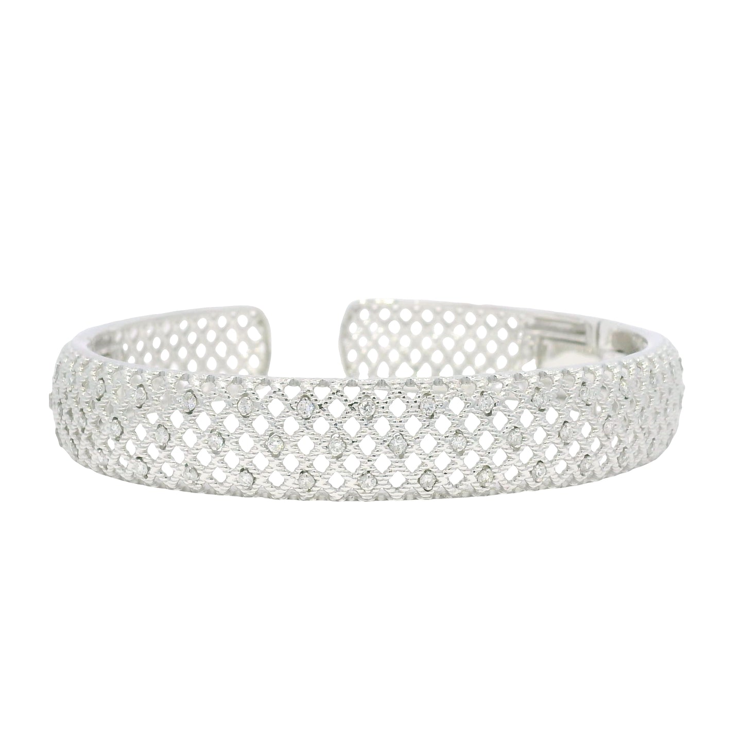 18K White Gold Natural Round Brilliant Diamond Open Bangle Cuff Bracelet