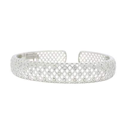 18K White Gold Natural Round Brilliant Diamond Open Bangle Cuff Bracelet