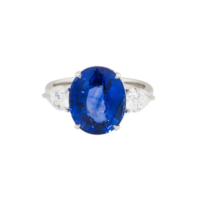 18k White Gold Oval Cut Sapphire & Diamond Three Stone Ring