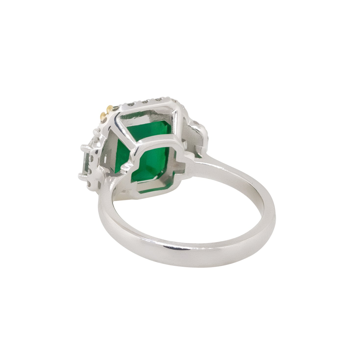 18k White Gold Emerald Center Diamond Halo Three Stone Ring