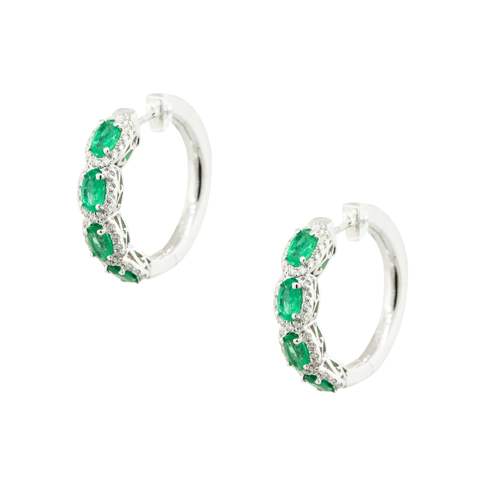 18k White Gold Emerald and Diamond Hoop Earrings