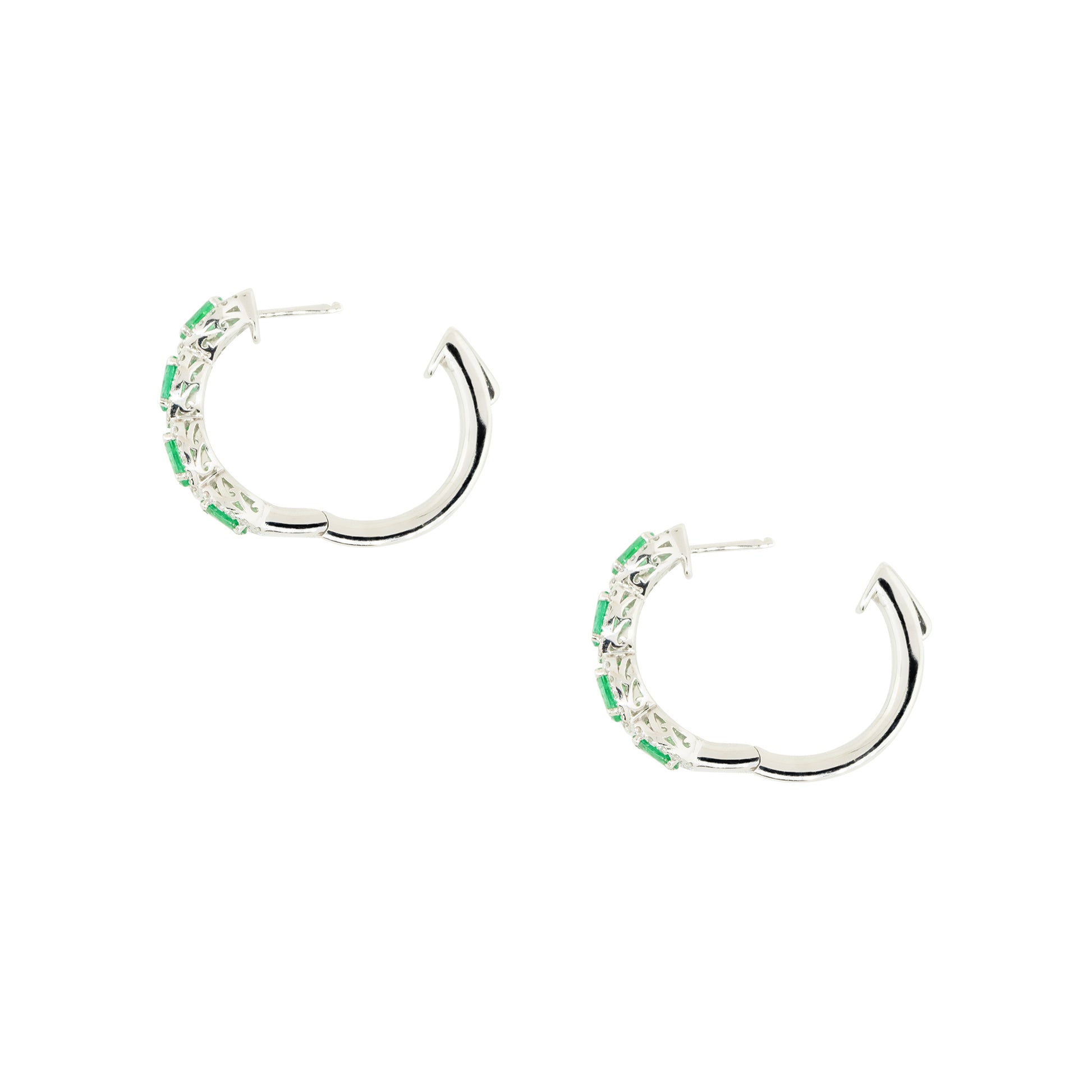 18k White Gold Emerald and Diamond Hoop Earrings