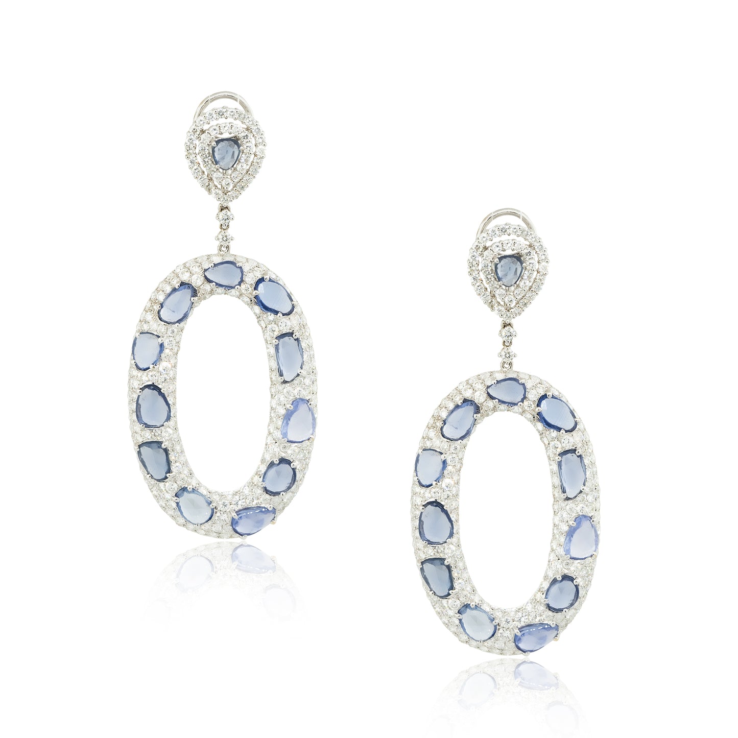 18k White Gold Diamond and Sapphire Large Mosaic Oval Drop Earrings