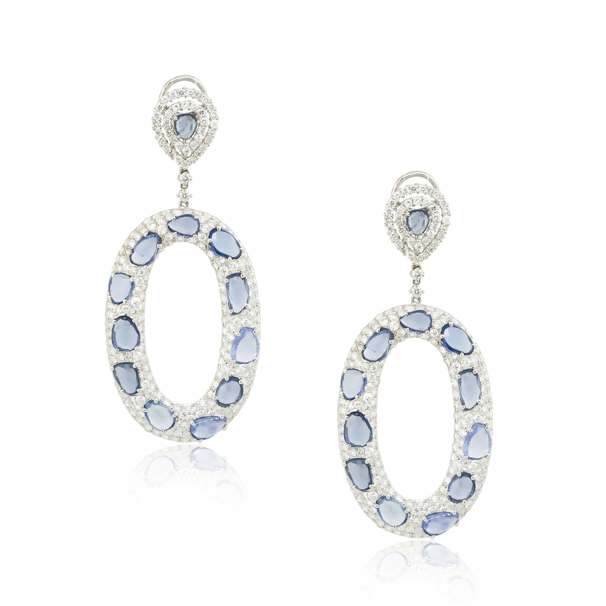 18k White Gold Diamond and Sapphire Large Mosaic Oval Drop Earrings