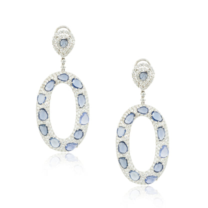18k White Gold Diamond and Sapphire Large Mosaic Oval Drop Earrings