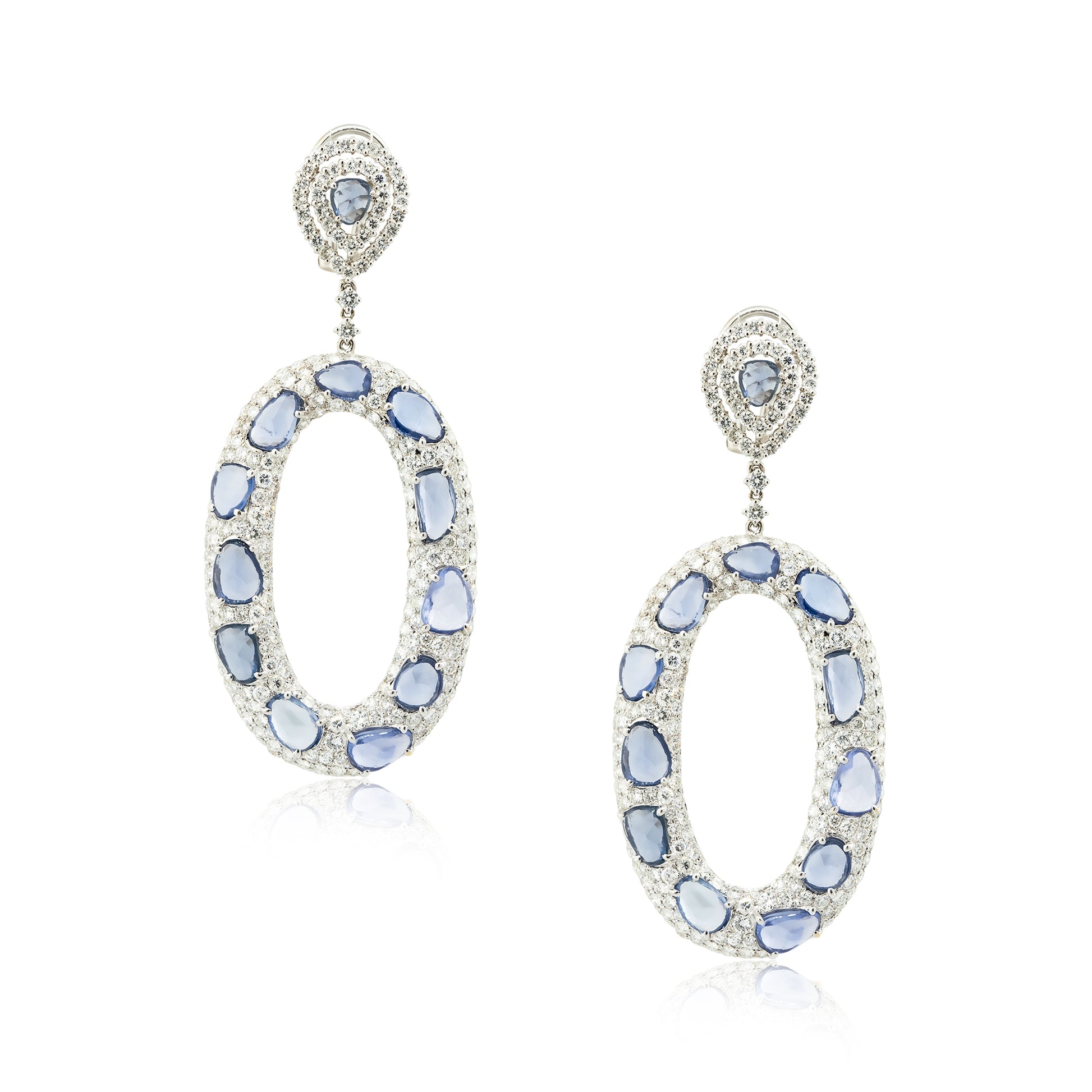 18k White Gold Diamond and Sapphire Large Mosaic Oval Drop Earrings