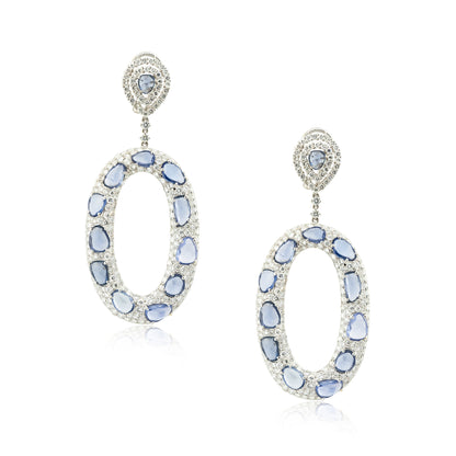 18k White Gold Diamond and Sapphire Large Mosaic Oval Drop Earrings