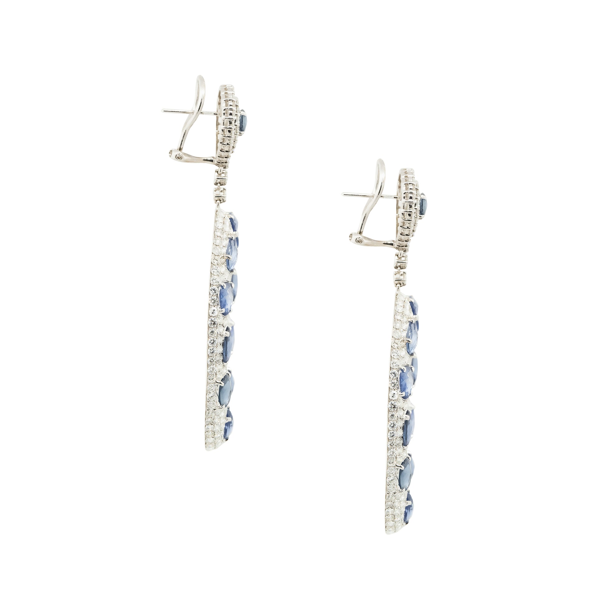 18k White Gold Diamond and Sapphire Large Mosaic Oval Drop Earrings