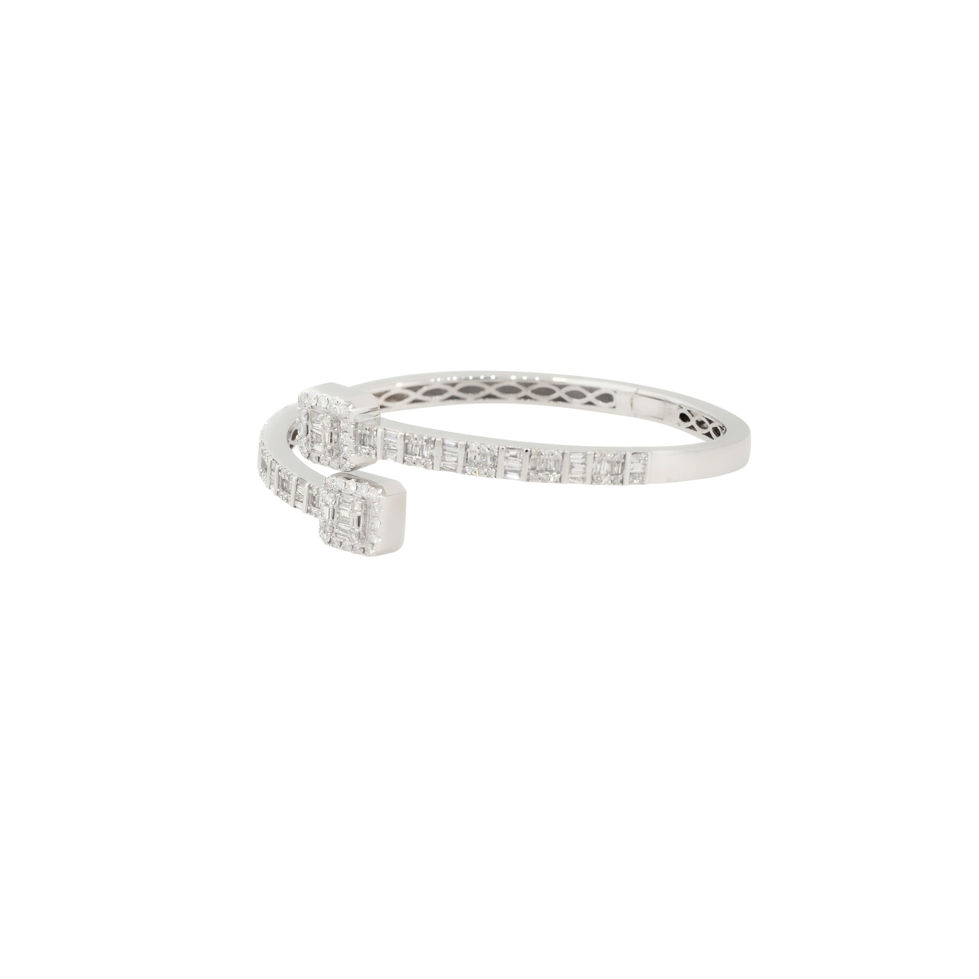 14k White Gold 2.40ctw Round and Baguette Shaped Diamond Cuff Bracelet
