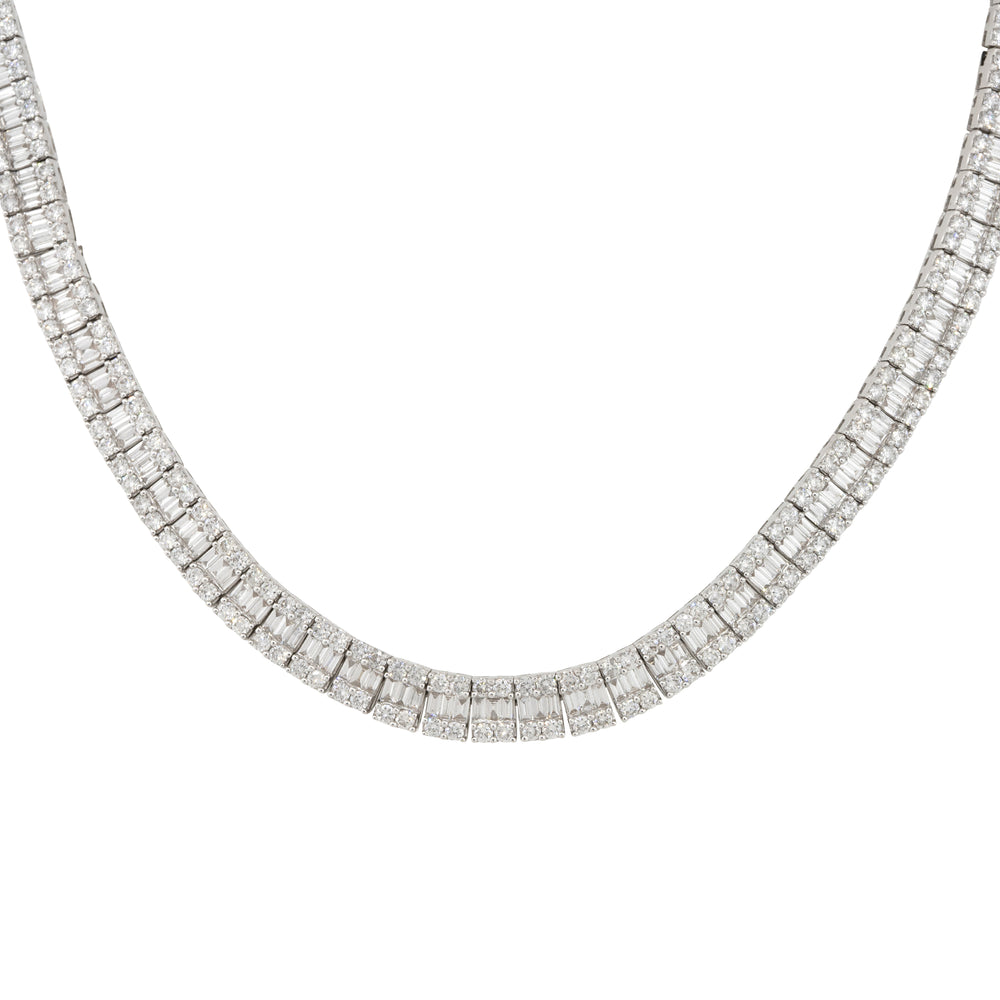 18k White Gold 16.64ctw Baguette and Round Brilliant Diamond 3 Row Tennis Necklace