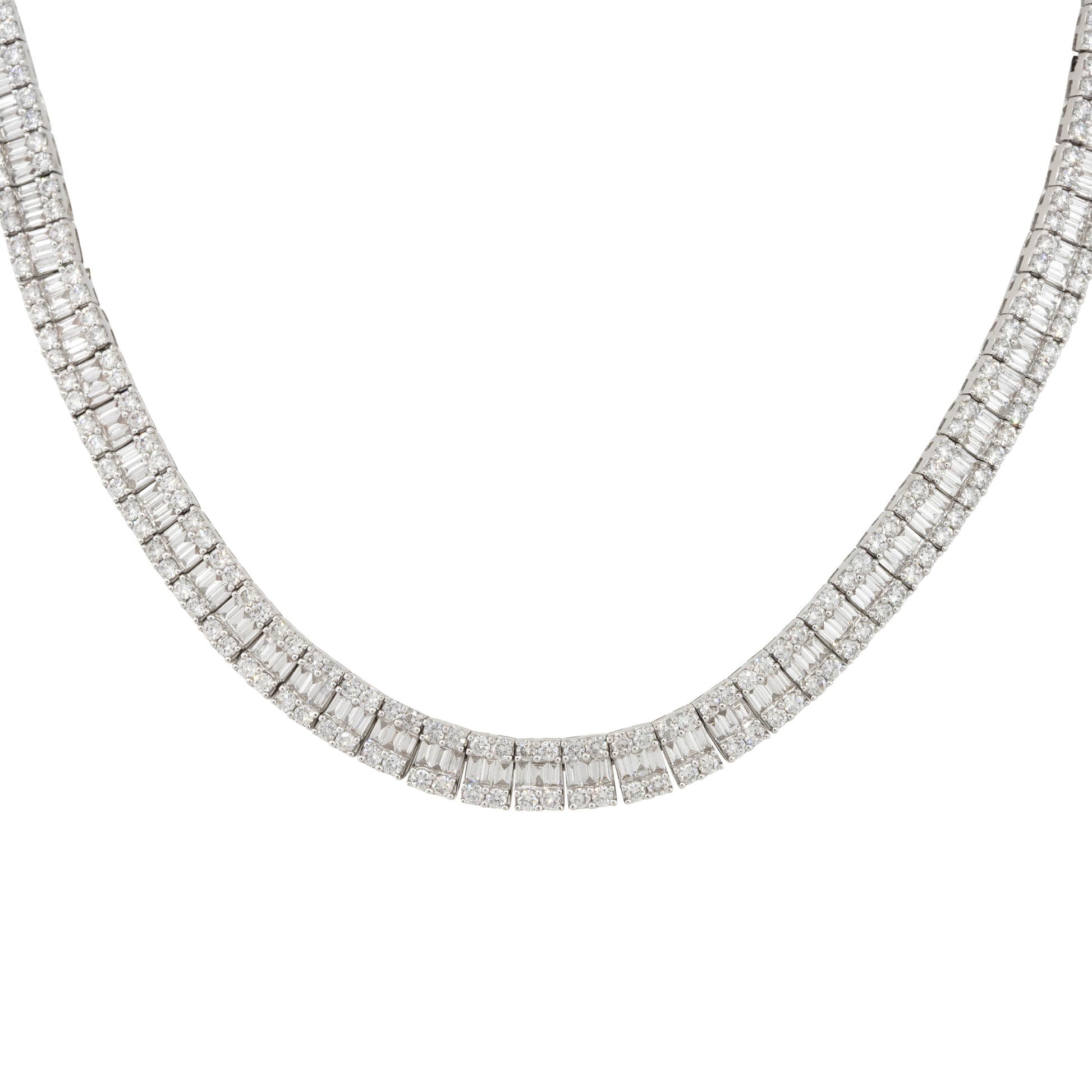 18k White Gold 16.64ctw Baguette and Round Brilliant Diamond 3 Row Tennis Necklace