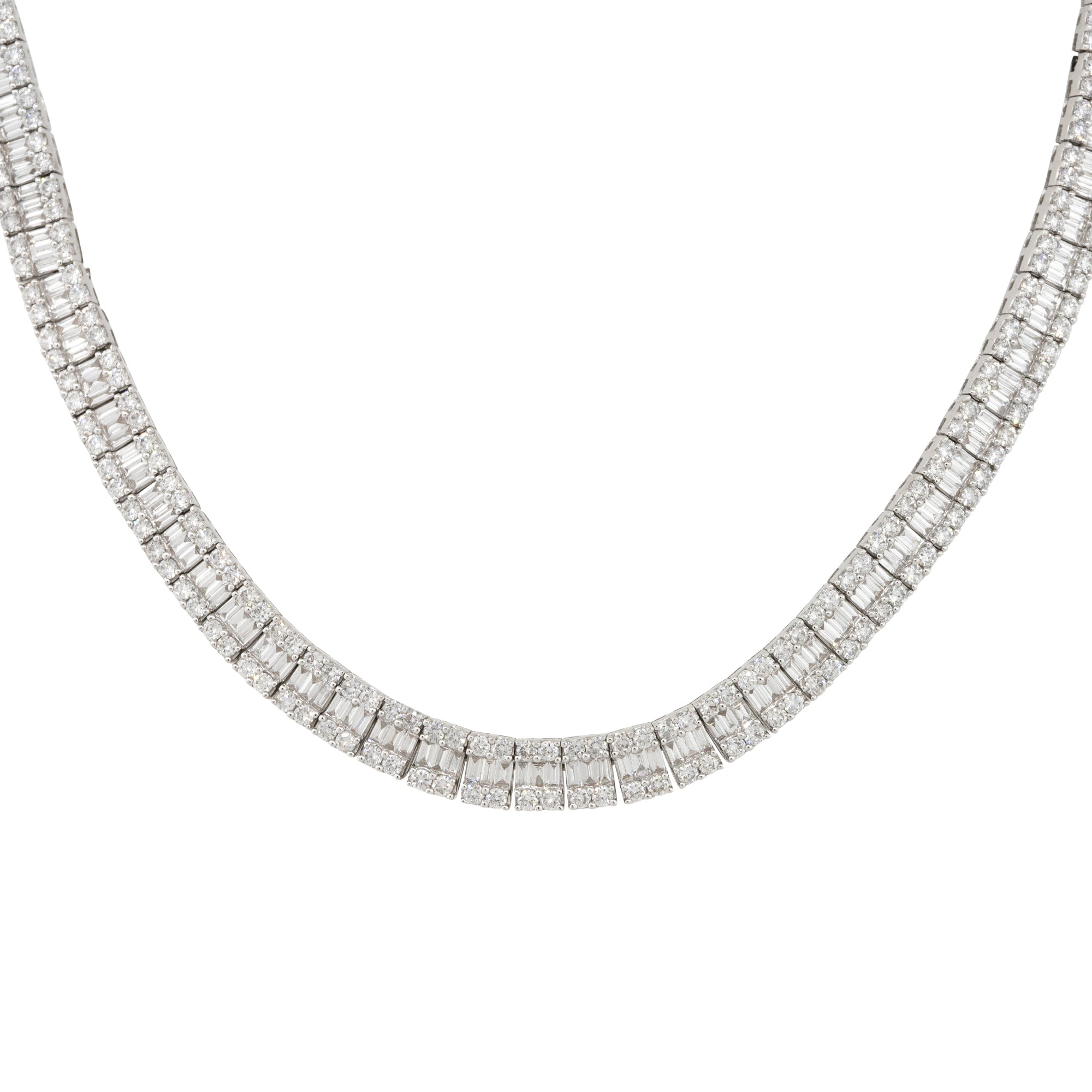 18k White Gold 16.64ctw Baguette and Round Brilliant Diamond 3 Row Tennis Necklace