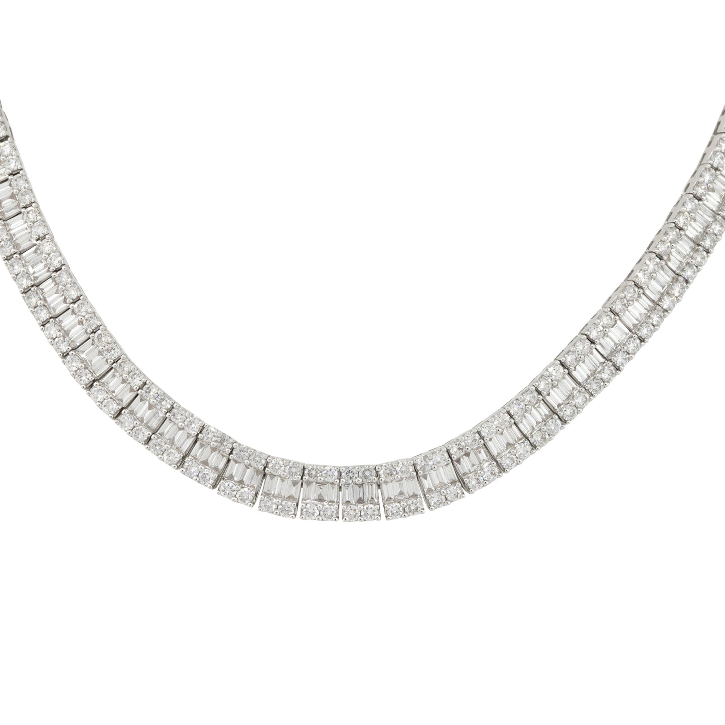 18k White Gold 16.64ctw Baguette and Round Brilliant Diamond 3 Row Tennis Necklace