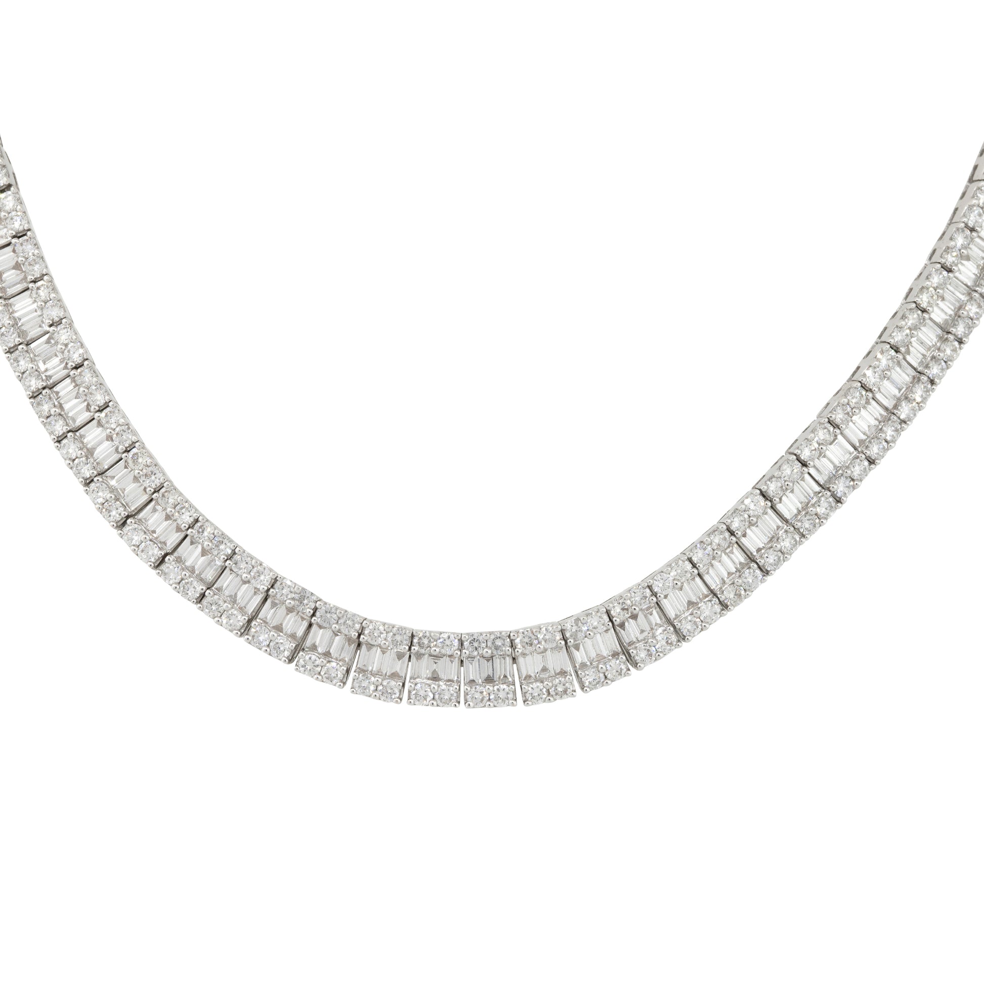 18k White Gold 16.64ctw Baguette and Round Brilliant Diamond 3 Row Tennis Necklace