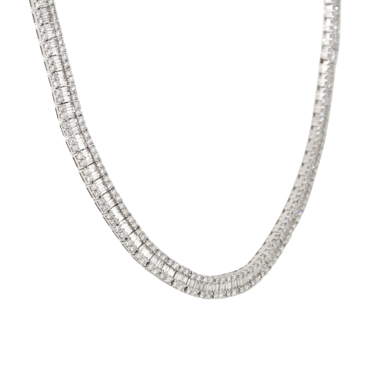 18k White Gold 16.64ctw Baguette and Round Brilliant Diamond 3 Row Tennis Necklace