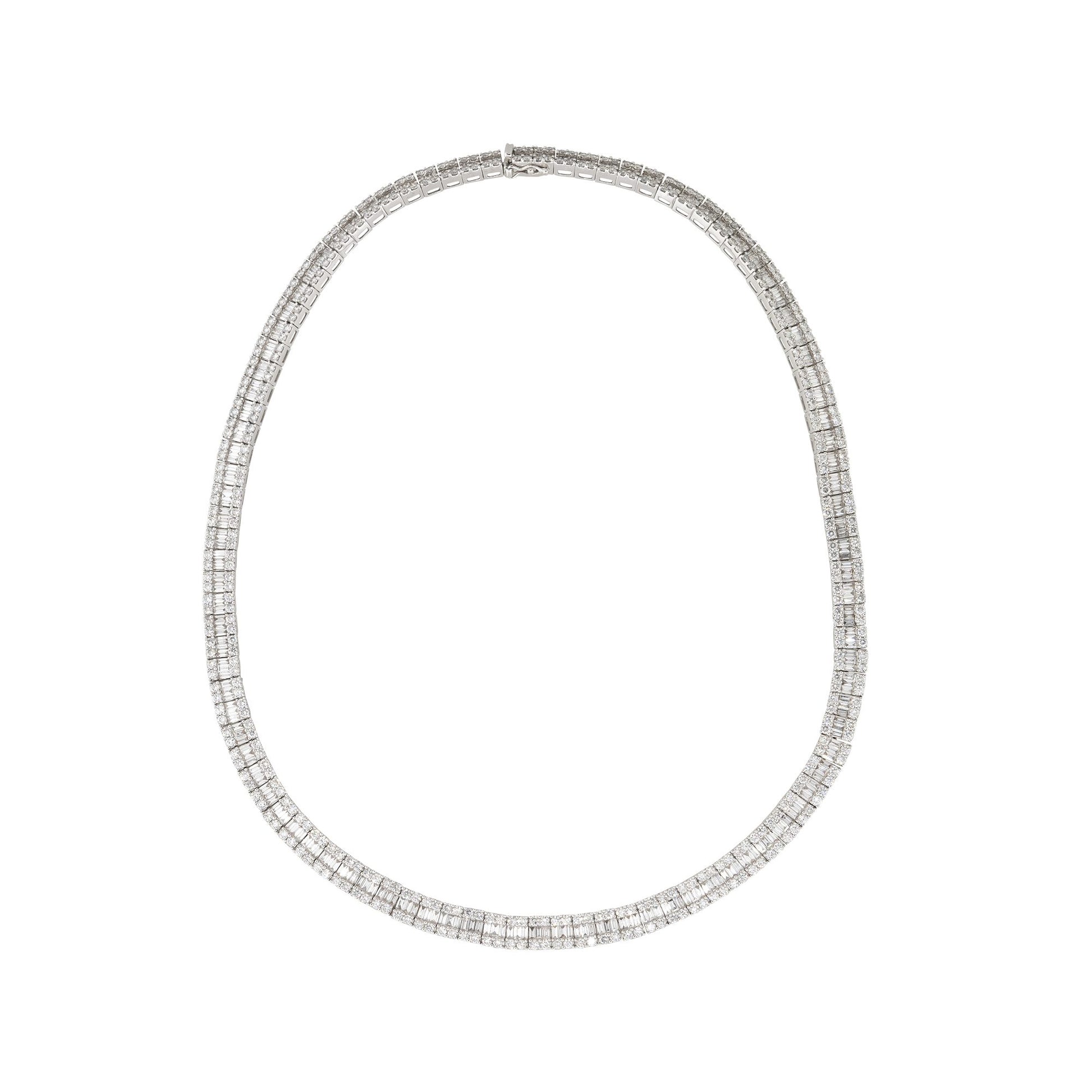 18k White Gold 16.64ctw Baguette and Round Brilliant Diamond 3 Row Tennis Necklace