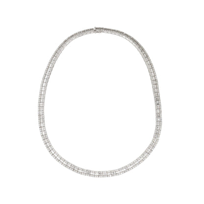 18k White Gold 16.64ctw Baguette and Round Brilliant Diamond 3 Row Tennis Necklace