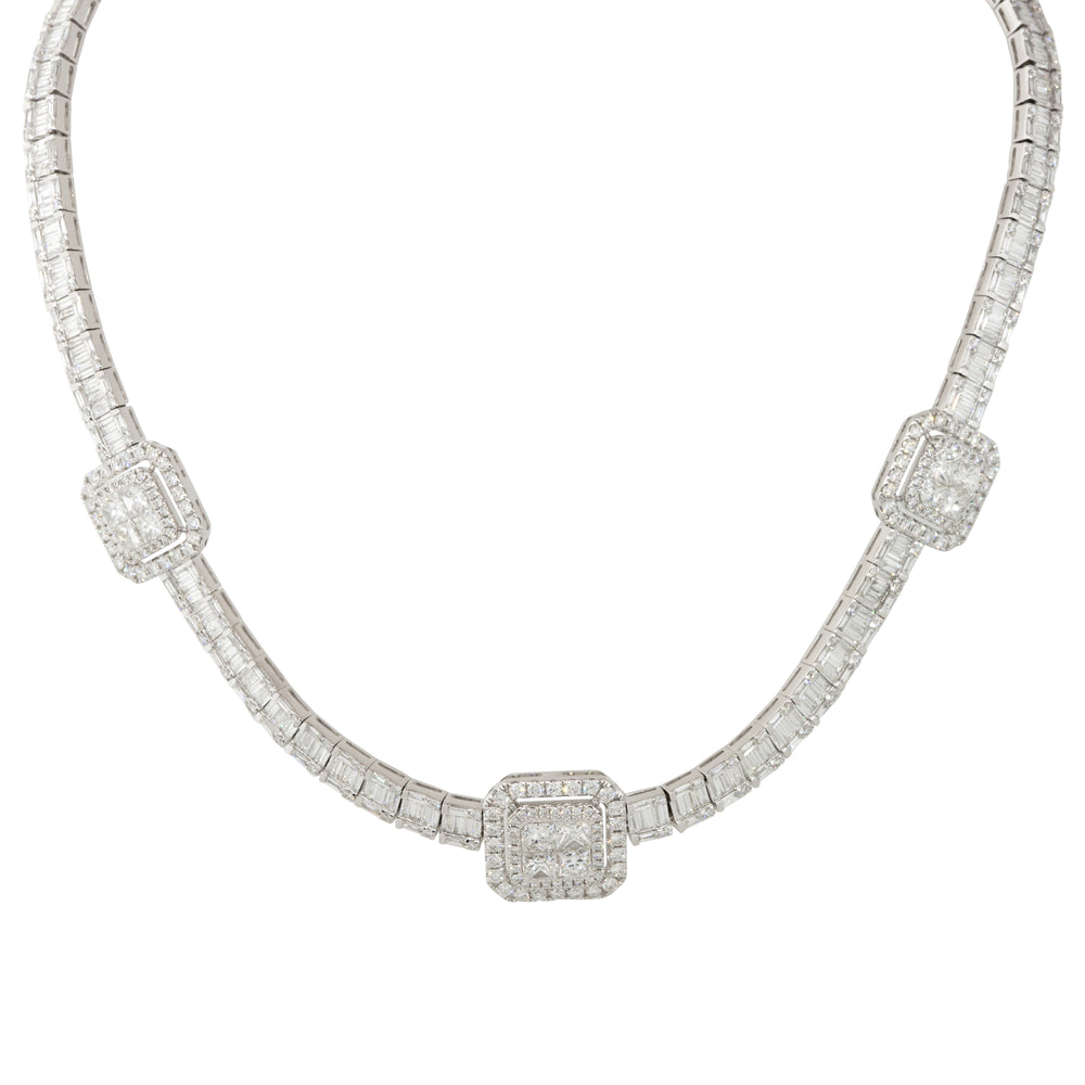 18k White Gold 21.71ctw Baguette, Round Brilliant, and Princess Cut Diamond Station Necklace