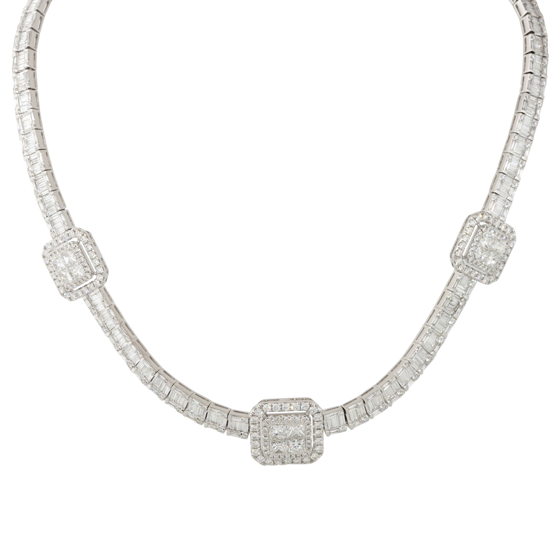 18k White Gold 21.71ctw Baguette, Round Brilliant, and Princess Cut Diamond Station Necklace