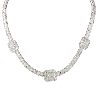 18k White Gold 21.71ctw Baguette, Round Brilliant, and Princess Cut Diamond Station Necklace
