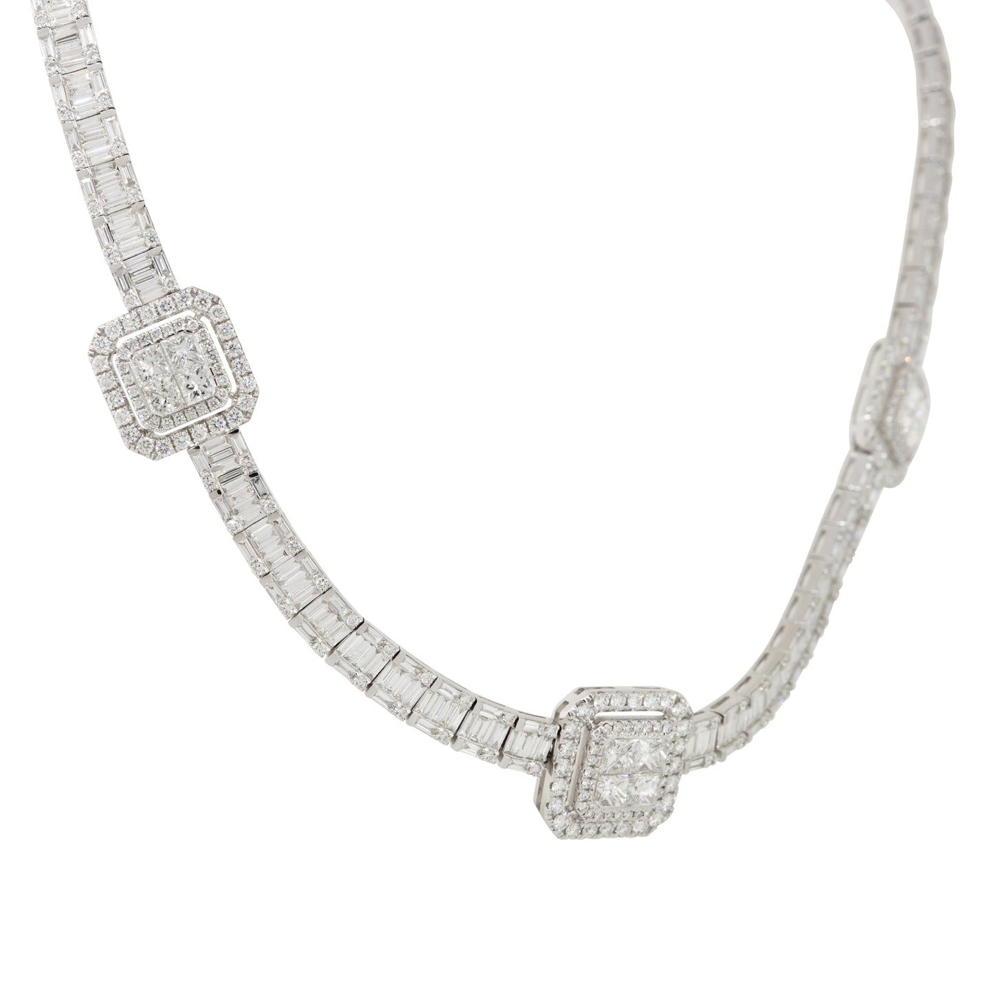18k White Gold 21.71ctw Baguette, Round Brilliant, and Princess Cut Diamond Station Necklace