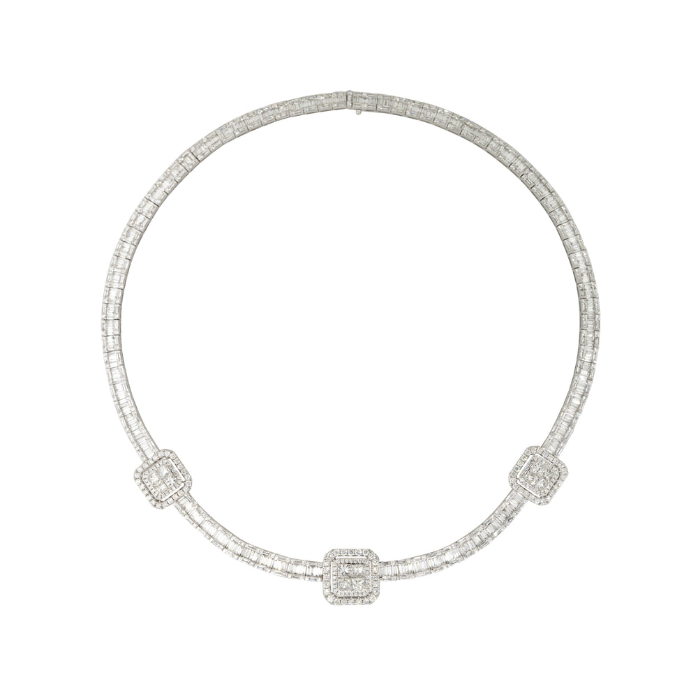 18k White Gold 21.71ctw Baguette, Round Brilliant, and Princess Cut Diamond Station Necklace