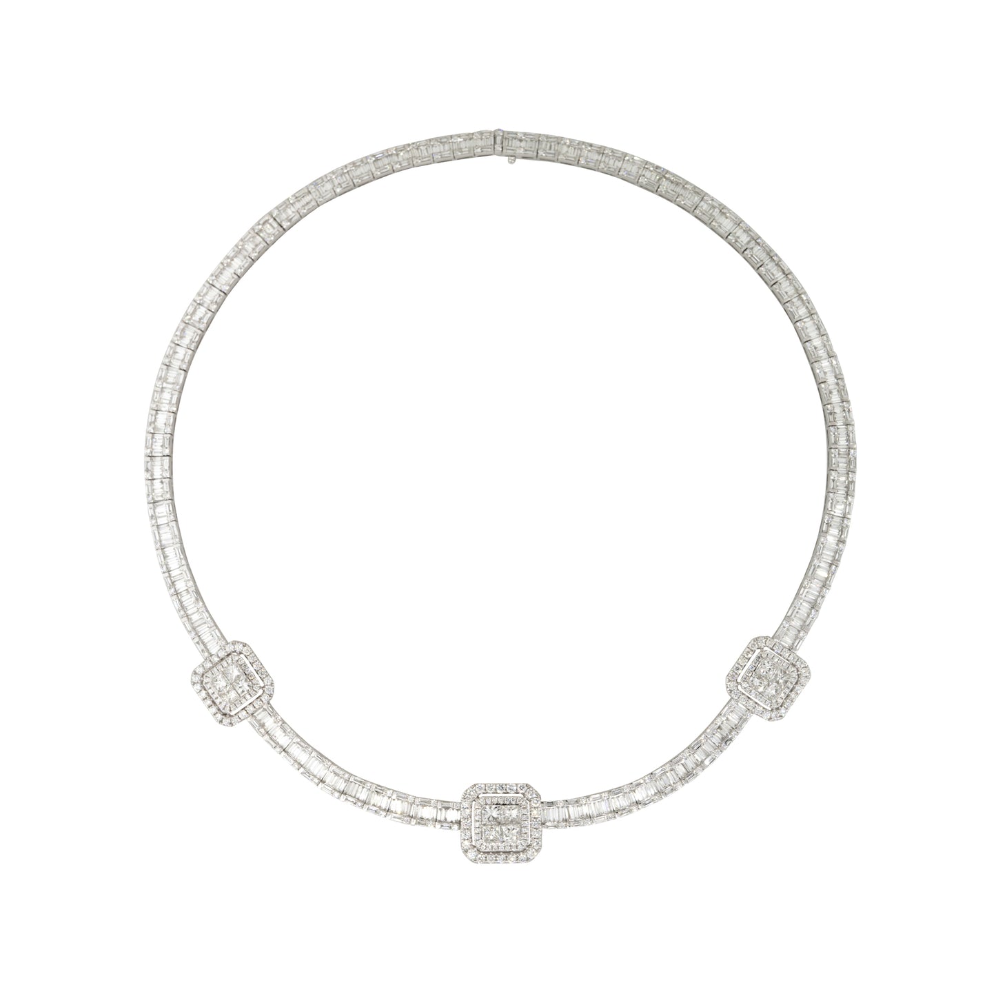 18k White Gold 21.71ctw Baguette, Round Brilliant, and Princess Cut Diamond Station Necklace