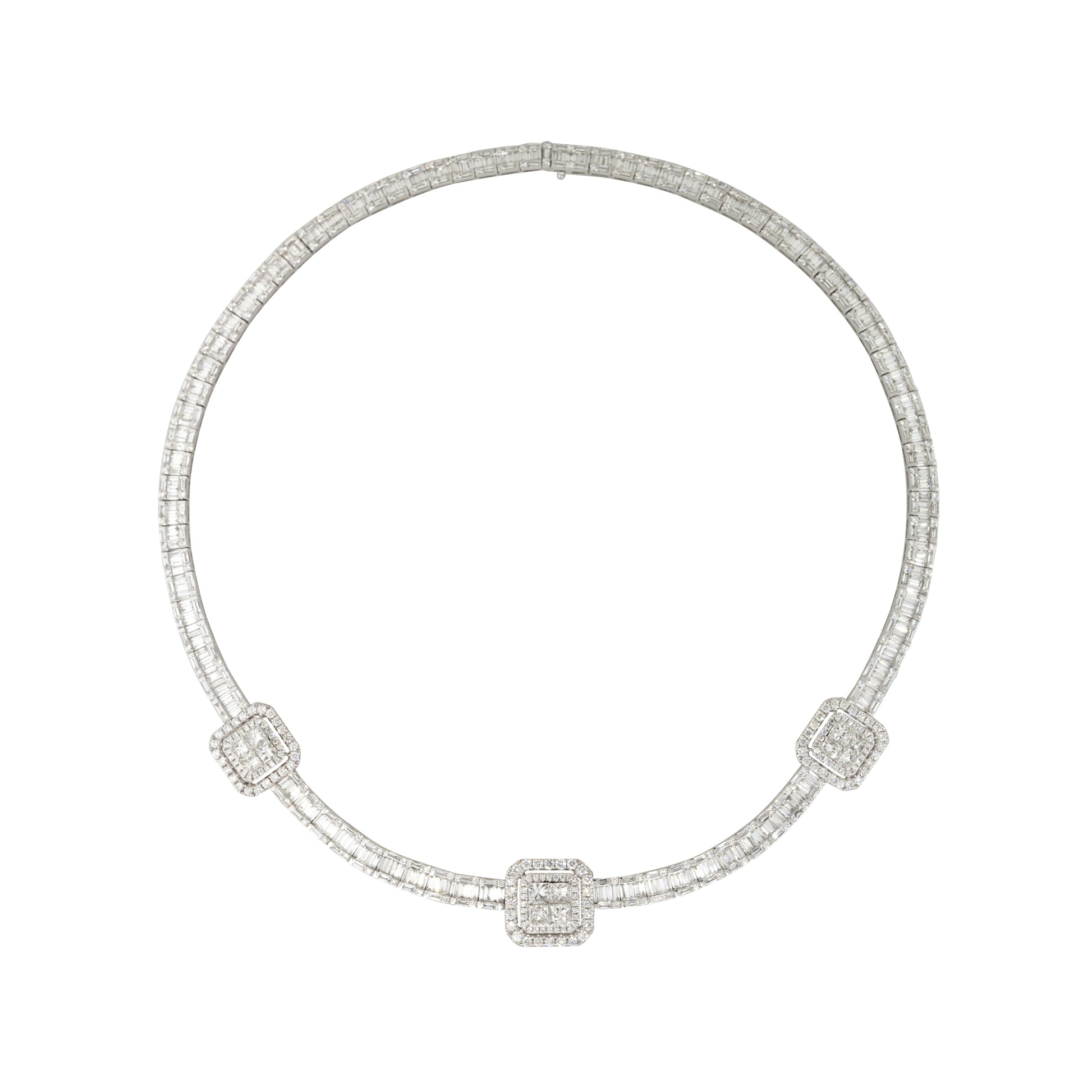 18k White Gold 21.71ctw Baguette, Round Brilliant, and Princess Cut Diamond Station Necklace