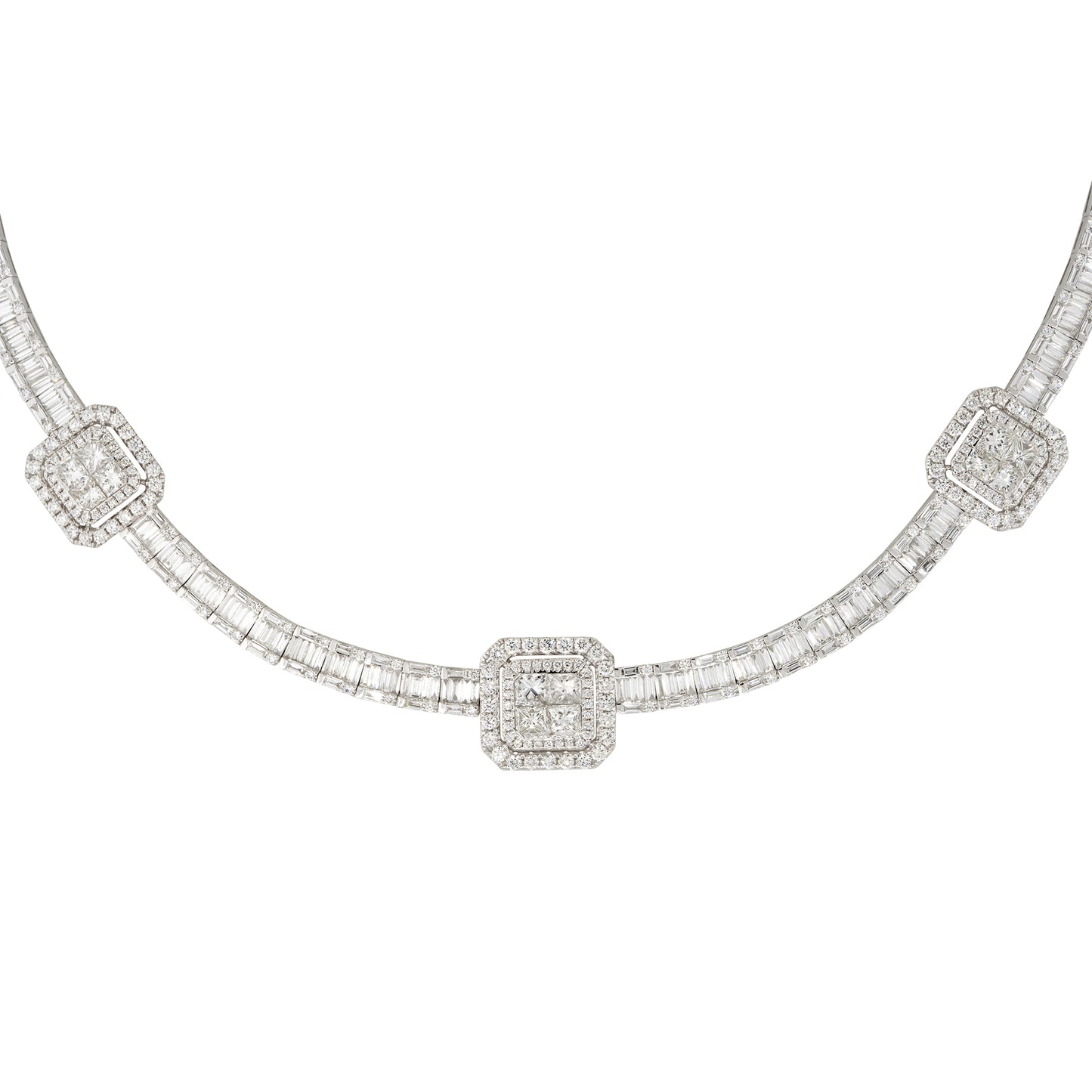 18k White Gold 21.71ctw Baguette, Round Brilliant, and Princess Cut Diamond Station Necklace