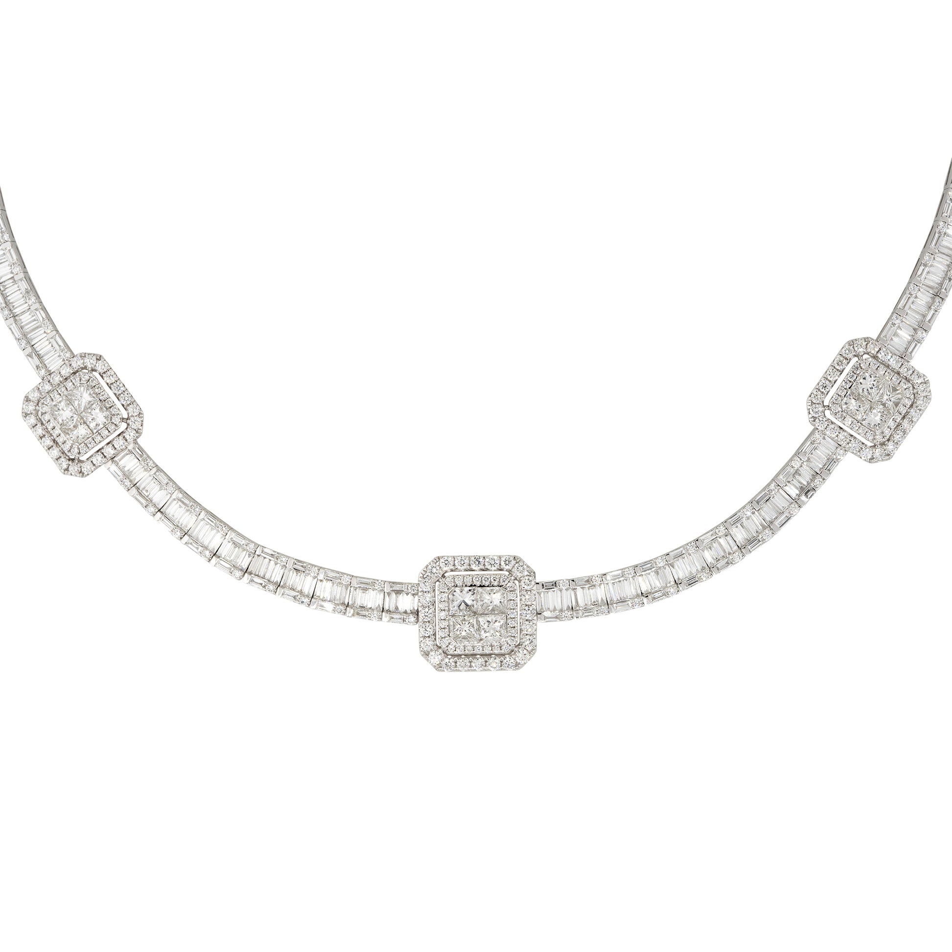 18k White Gold 21.71ctw Baguette, Round Brilliant, and Princess Cut Diamond Station Necklace
