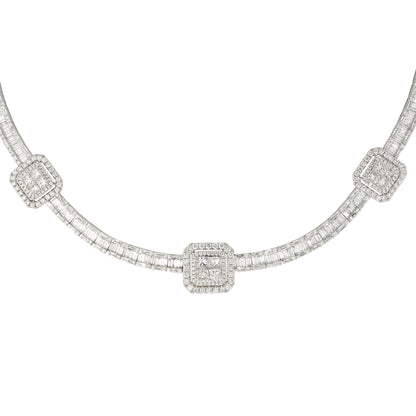 18k White Gold 21.71ctw Baguette, Round Brilliant, and Princess Cut Diamond Station Necklace