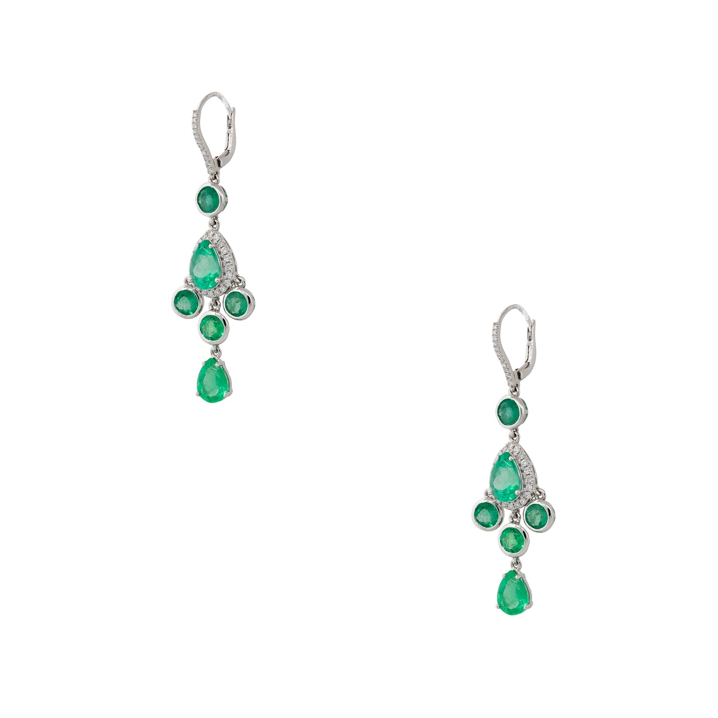 18k White Gold 7.56ctw Emerald and Diamond Halo Drop Earrings