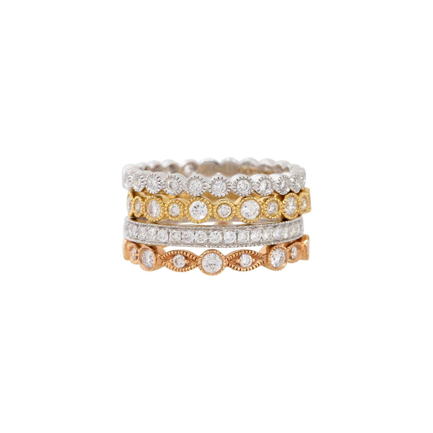 18k Multi-Tone Gold Natural 0.61 Carat Set of 4 Diamond Stackable Rings