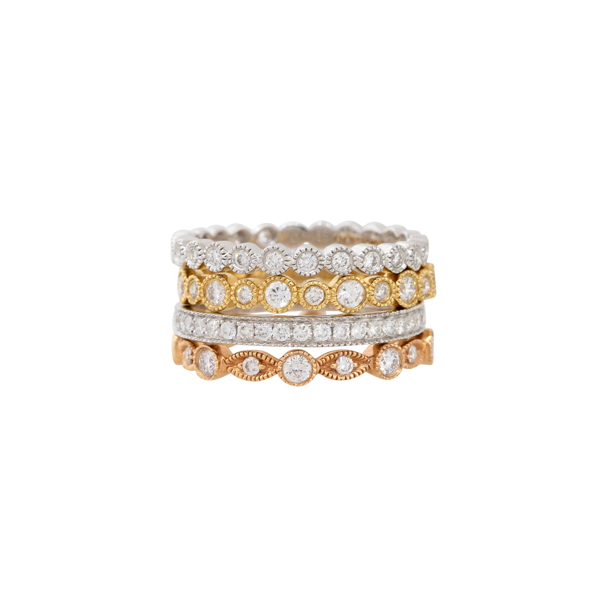 18k Multi-Tone Gold Natural 0.61 Carat Set of 4 Diamond Stackable Rings