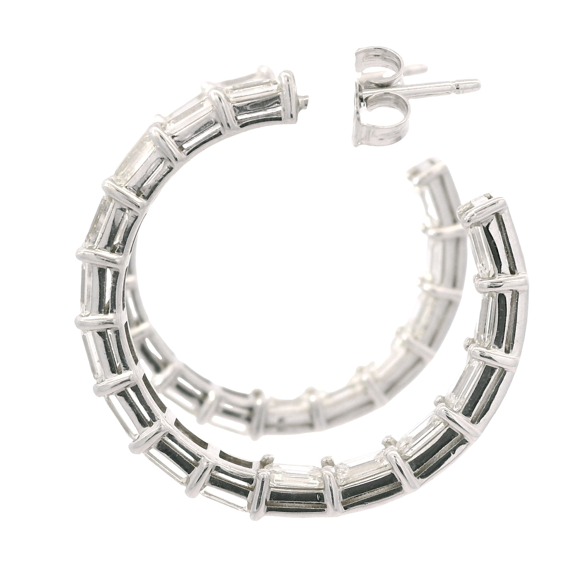 18k White Gold Natural 5.70 Carat Emerald Cut Diamond Inside Out Hoop Earrings