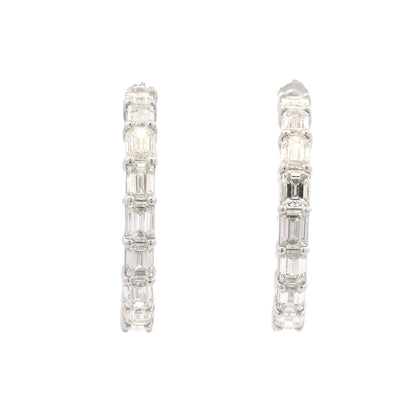 18k White Gold Natural 5.70 Carat Emerald Cut Diamond Inside Out Hoop Earrings