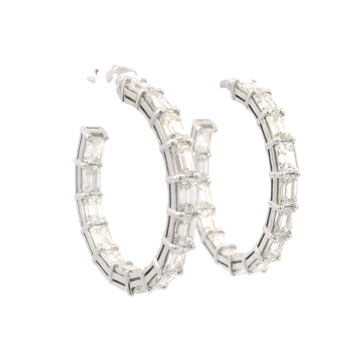18k White Gold Natural 5.70 Carat Emerald Cut Diamond Inside Out Hoop Earrings