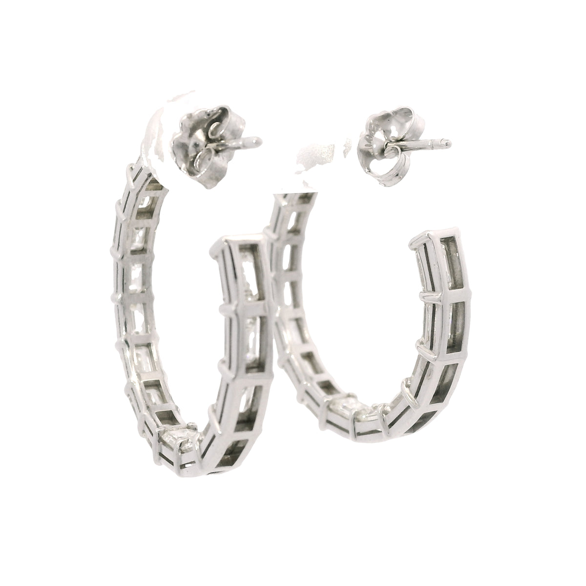18k White Gold Natural 5.70 Carat Emerald Cut Diamond Inside Out Hoop Earrings