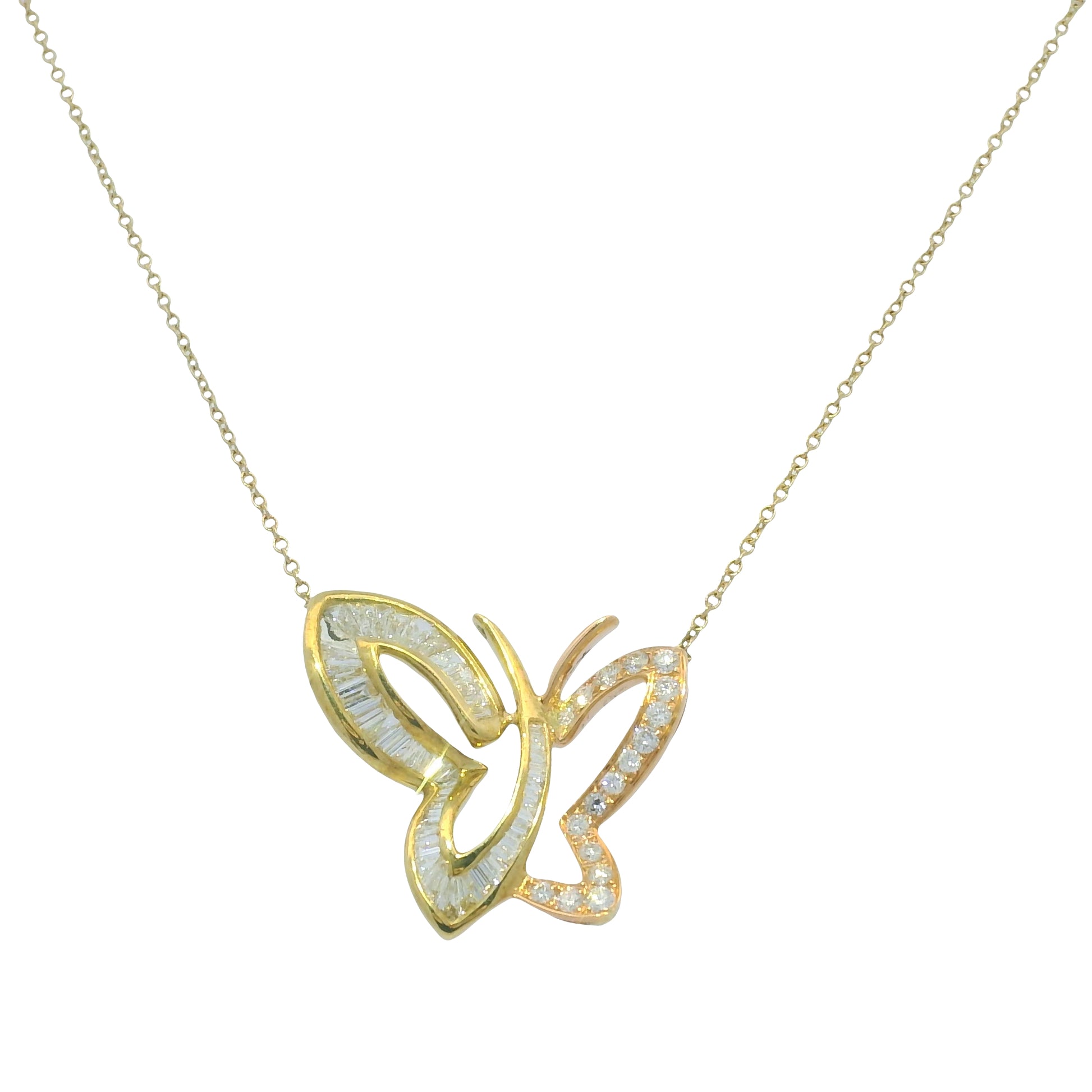 14K Rose & Yellow Gold Natural Diamond Butterfly Pendant Chain Necklace