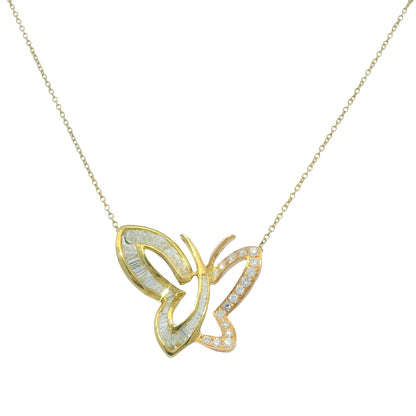 14K Rose & Yellow Gold Natural Diamond Butterfly Pendant Chain Necklace