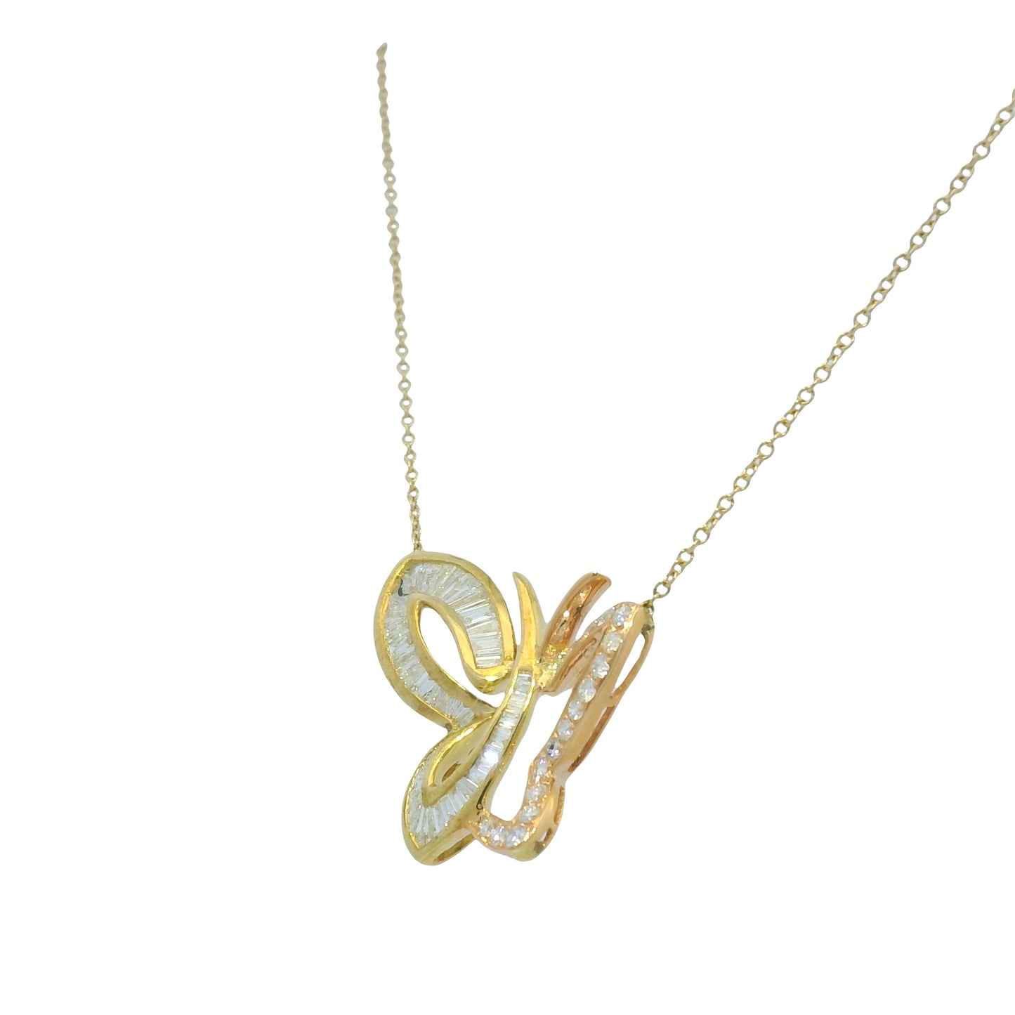 14K Rose & Yellow Gold Natural Diamond Butterfly Pendant Chain Necklace