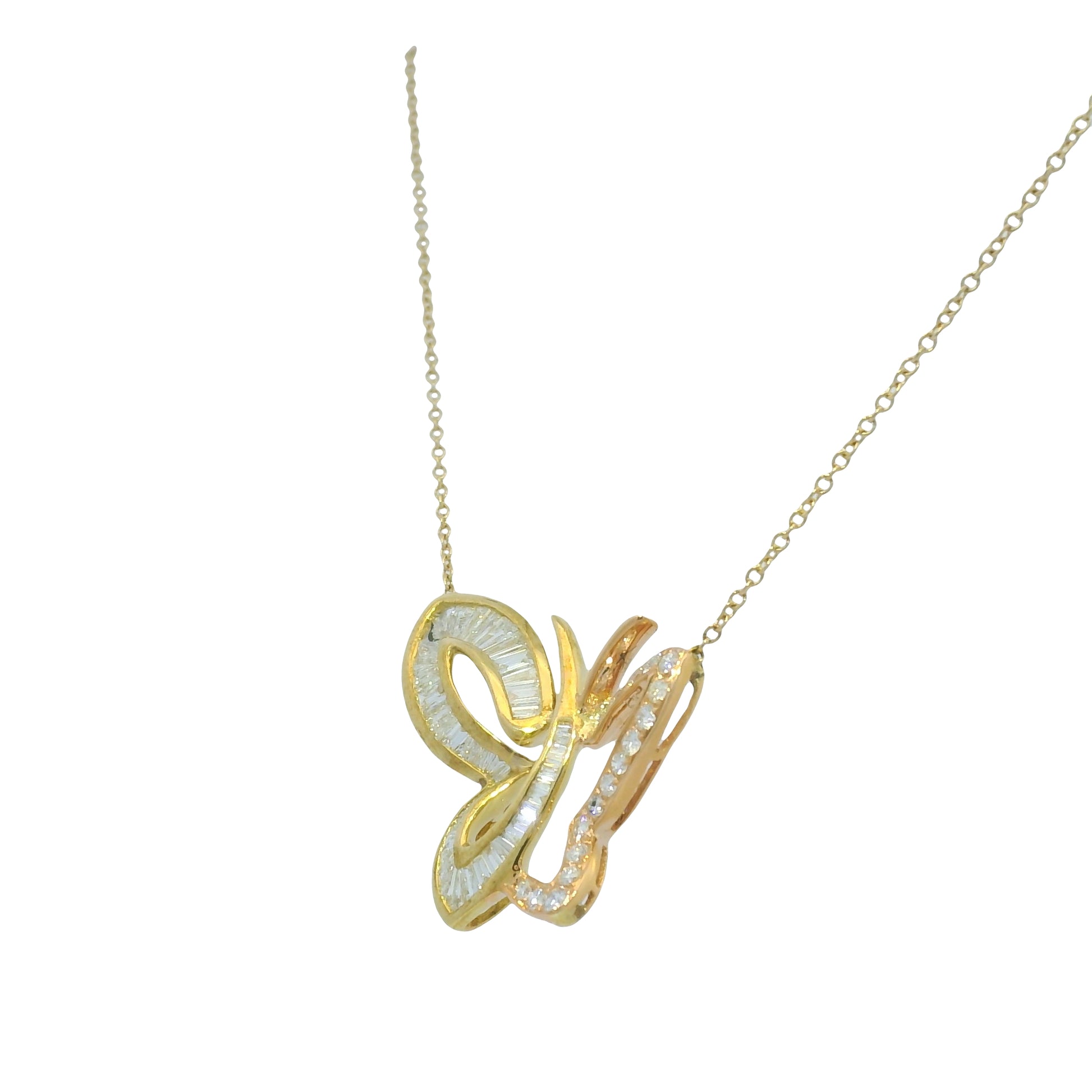 14K Rose & Yellow Gold Natural Diamond Butterfly Pendant Chain Necklace