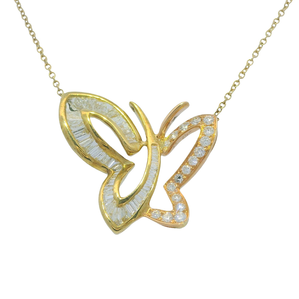 14K Rose & Yellow Gold Natural Diamond Butterfly Pendant Chain Necklace