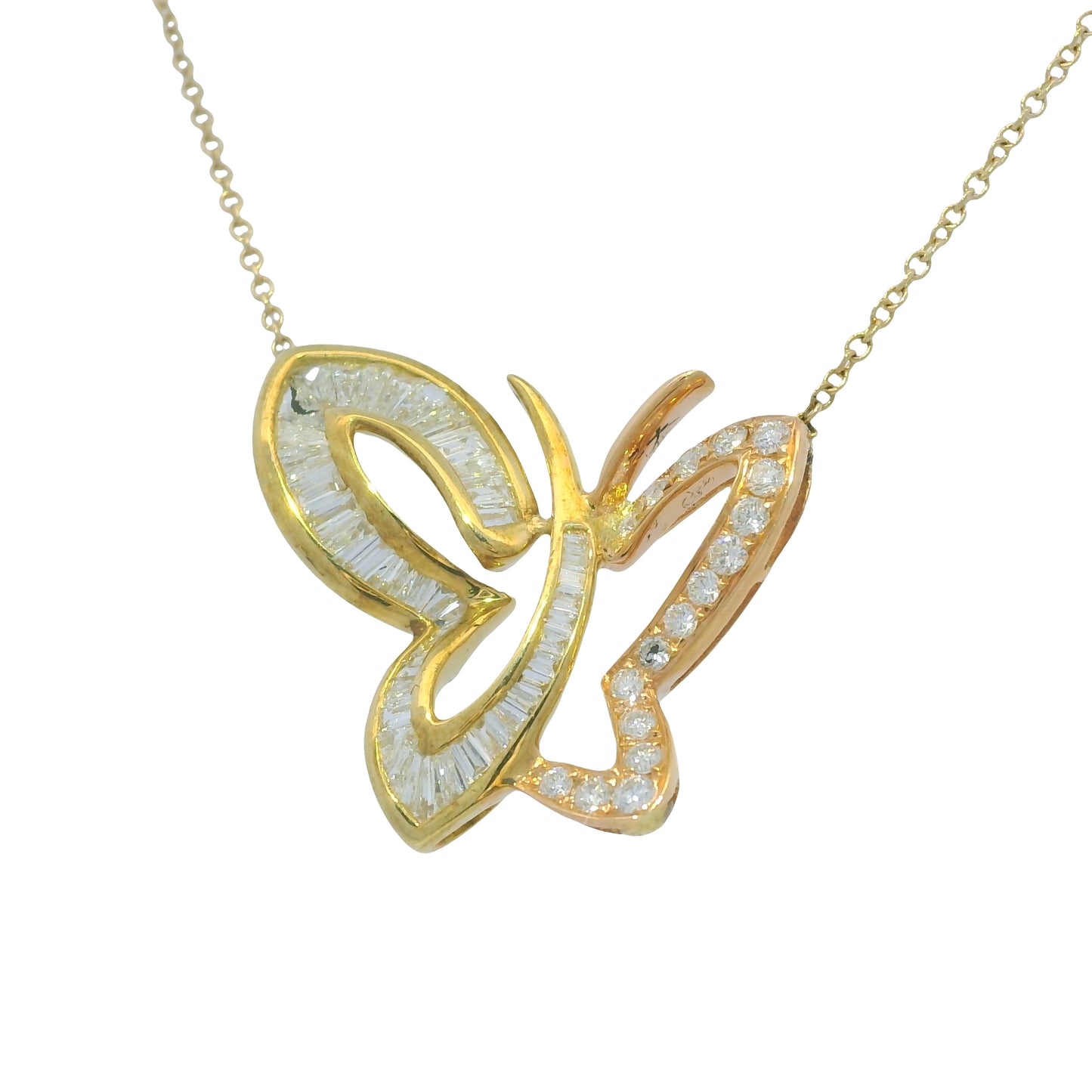 14K Rose & Yellow Gold Natural Diamond Butterfly Pendant Chain Necklace