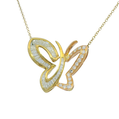 14K Rose & Yellow Gold Natural Diamond Butterfly Pendant Chain Necklace